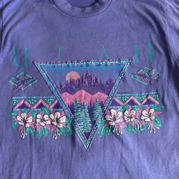 Vintage Sparkly Utah Mtn Landscape 1993 Tee T-Shirt Deadstock Purple Women’s M - Picture 11 of 15